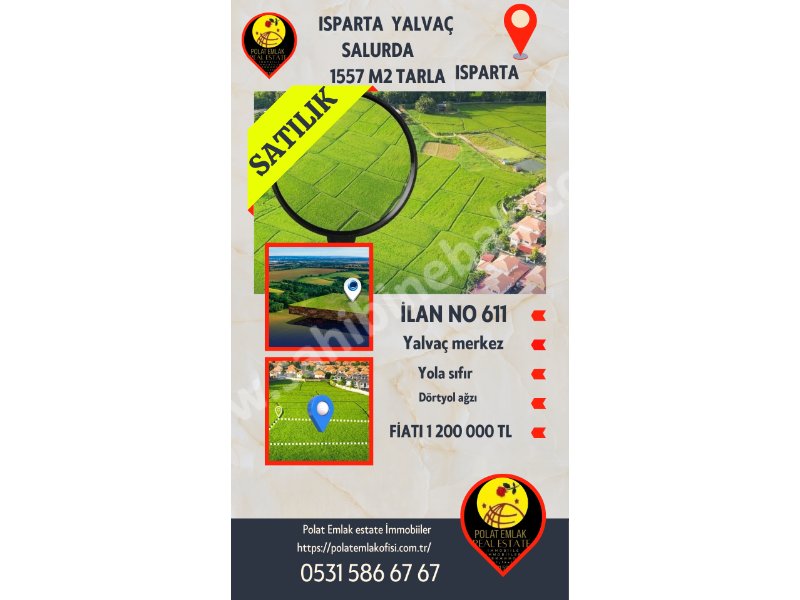 ISPARTA YALVAÇ SALURDA SATILIK 1557 M2 TARLA