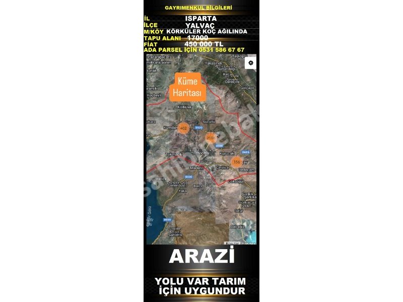 ISPARTA YALVAÇ KÖRKÜLER KOÇ AĞILINDA SATILIK 17000 M2 TARLA