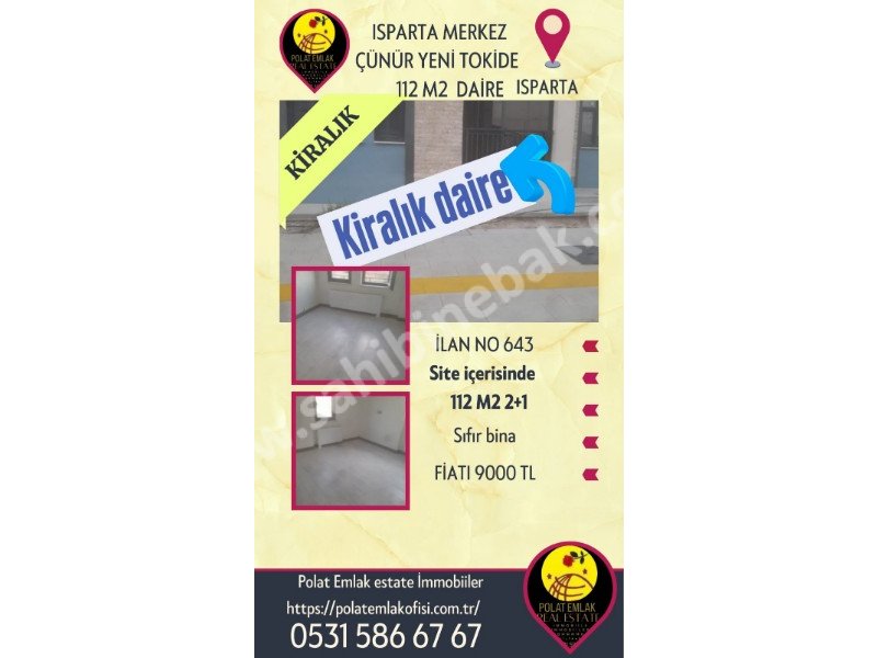 ISPARTA MERKEZ ÇÜNÜR YENİ TOKİDE KİRALIK 90 M2 2+1 SIFIR DAİRE