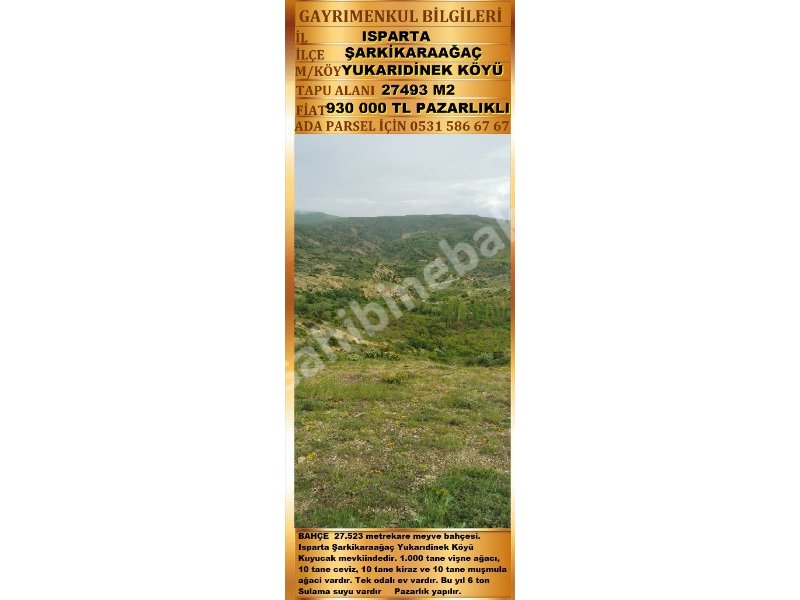 ISPARTA ŞARKİKARAAĞAÇ YUKARIDİNEK KUYUCAK MEVKİİNDE SATILIK 27493 M2 BAHÇE