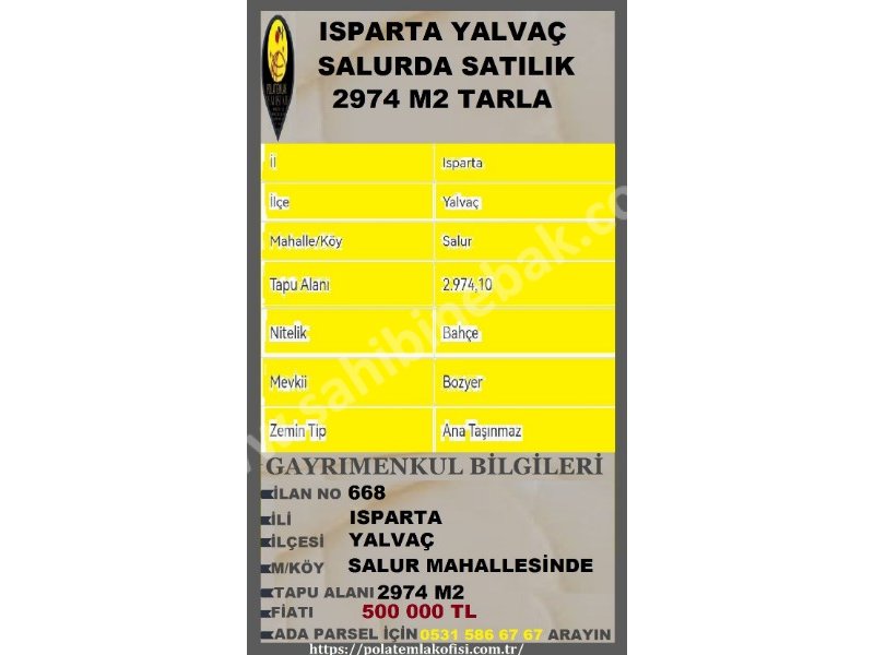 ISPARTA YALVAÇ SALURDA SATILIK 2474 M2 TARLA