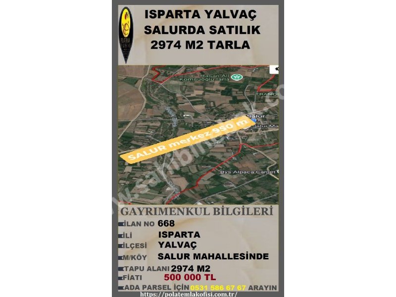 ISPARTA YALVAÇ SALURDA SATILIK 2474 M2 TARLA