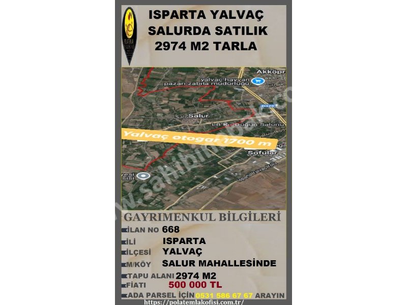 ISPARTA YALVAÇ SALURDA SATILIK 2474 M2 TARLA