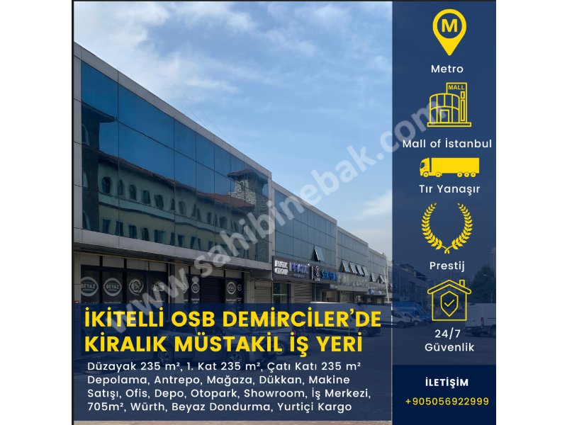 İkitelli Osb Demirciler Sitesi G1 Blok'ta Kiralık 705 m² 3 Katlı Müstakil İş Yeri