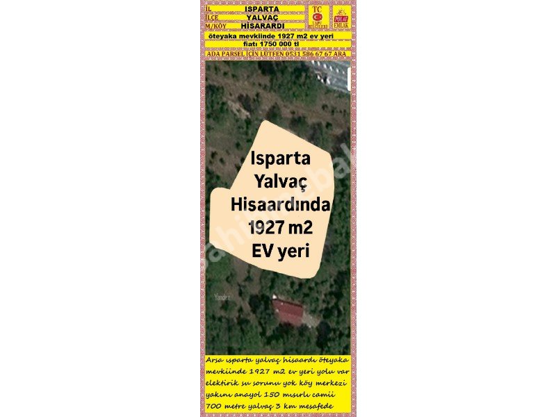 ISPARTA YALVAÇ HİSAARDINDA SATILIK 1927 M2 EV YERİ