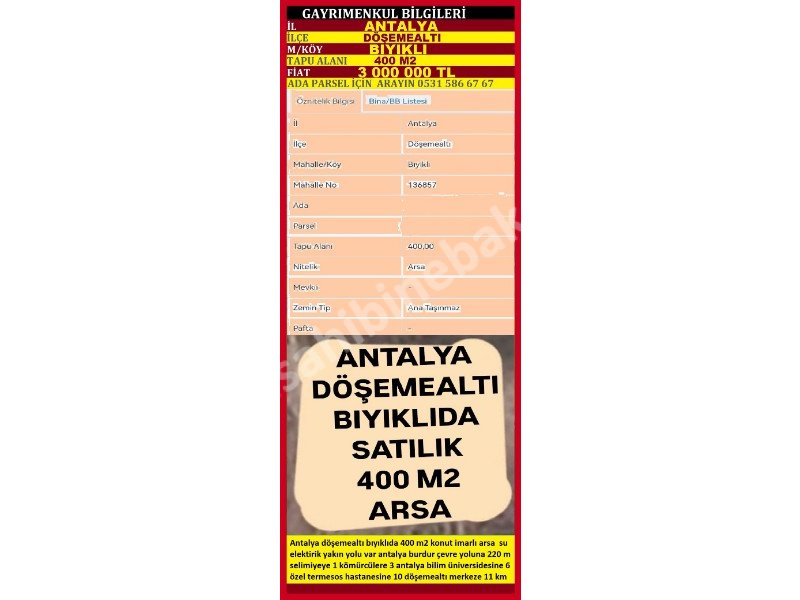 ANTALYA DÖŞEMEALTI BIYIKLIDA SATILIK 400 M2 ARSA