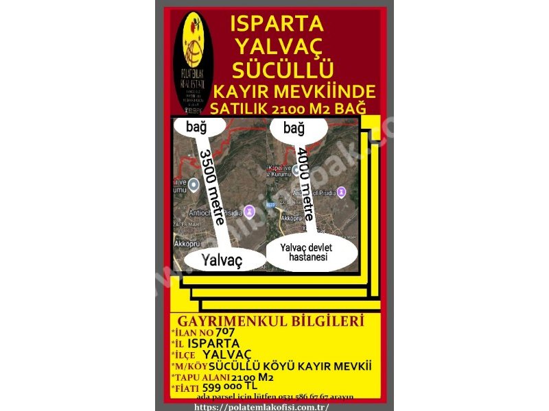 ISPARTA YALVAÇ SÜCÜLLÜ KAYIR MEVKİİNDE SATILIK 2100 M2 BAĞ