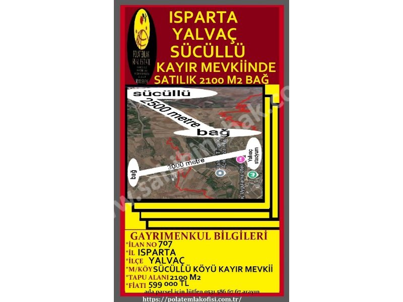 ISPARTA YALVAÇ SÜCÜLLÜ KAYIR MEVKİİNDE SATILIK 2100 M2 BAĞ