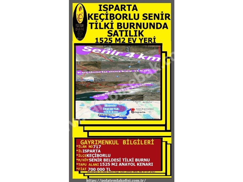 ISPARTA KEÇİBORLU SENİR BELDESİ TİLKİ BURNUNDA SATILIK 1525 M2 EV YERİ