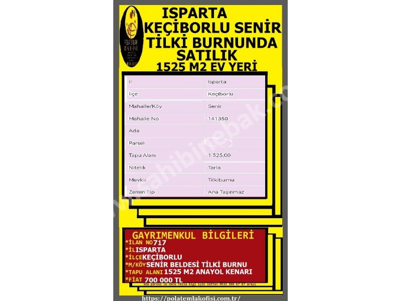 ISPARTA KEÇİBORLU SENİR BELDESİ TİLKİ BURNUNDA SATILIK 1525 M2 EV YERİ