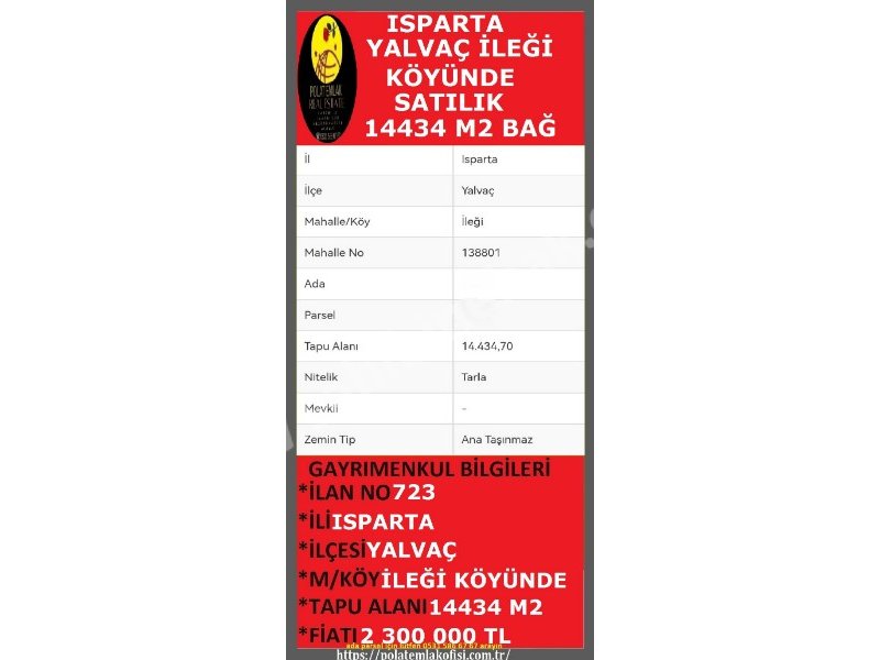 ISPARTA YALVAÇ İLEĞİ KÖYÜNDE SATILIK 14434 M2 ÜZÜM BAĞI