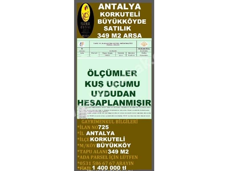 ANTALYA KORKUTELİ BÜYÜKKÖYDE SATILIK 349 M2 ARSA