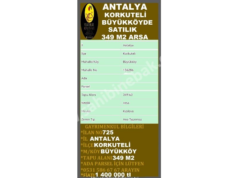 ANTALYA KORKUTELİ BÜYÜKKÖYDE SATILIK 349 M2 ARSA