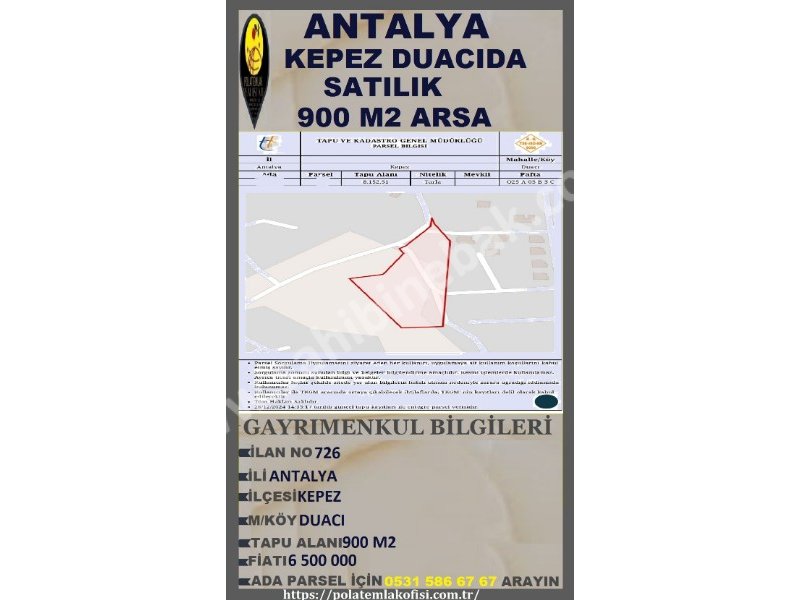 ANTALYA KEPEZ DUACIDA SATILIK 900 M2 ARSA