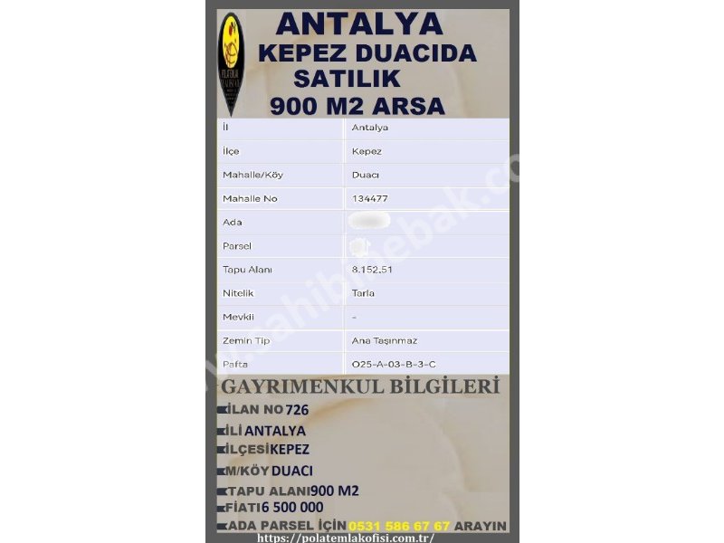 ANTALYA KEPEZ DUACIDA SATILIK 900 M2 ARSA