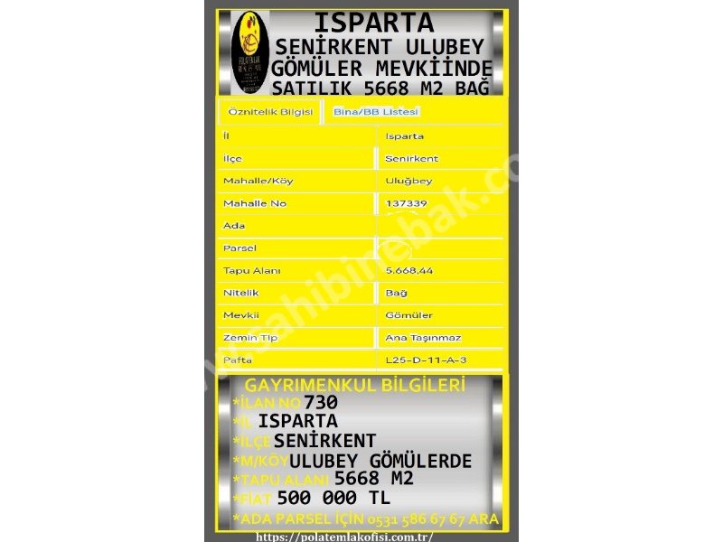 ISPARTA SENİRKEN ULUĞBEYDE SATILIK 5668 M2 EV YERİ