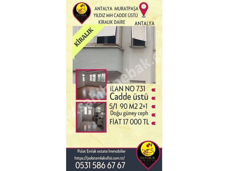 ANTALYA MURATPAŞA YILDIZDA KİRALIK 90 M2 2+1 DAİRE