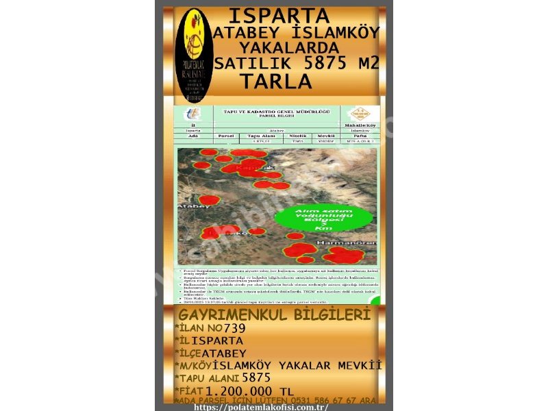 ISPARTA ATABEY İSLAMKÖYDE SATILIK 5875 M2 TARLA