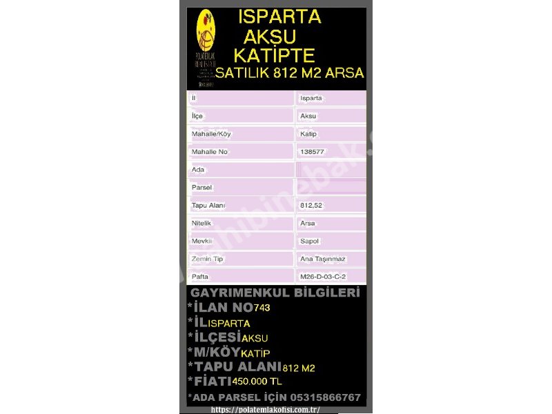 ISPARTA AKSU KATİPTE SATILIK 812 M2 ARSA