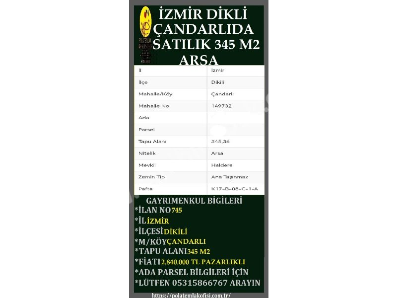 İZMİR DİKİLİ ÇANDARLIDA SATILIK 345 M2 FUL DENİZ MANZARALI ARSA