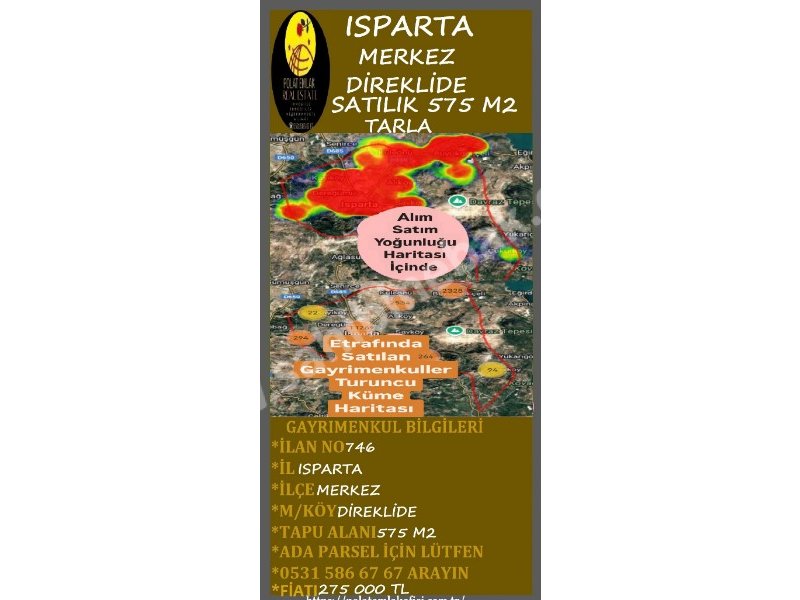 ISPARTA MERKEZ DİREKLİDE SATILIK 575 M2 TARLA