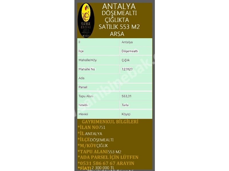 ANTALYA DÖŞEMEALTI ÇIĞLIKTA SATILIK 553 M2 ARSA