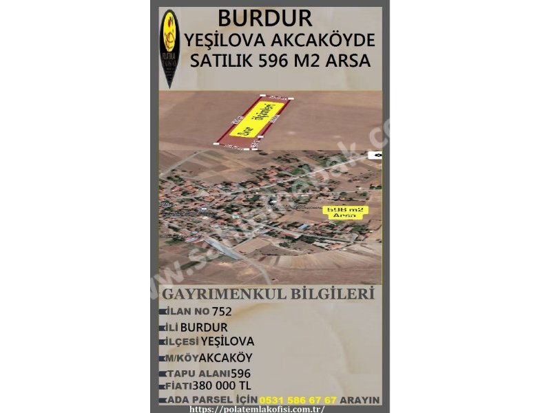 BURDUR YEŞİLOVA AKCAKÖYDE SATILIK 596 M2 ARSA