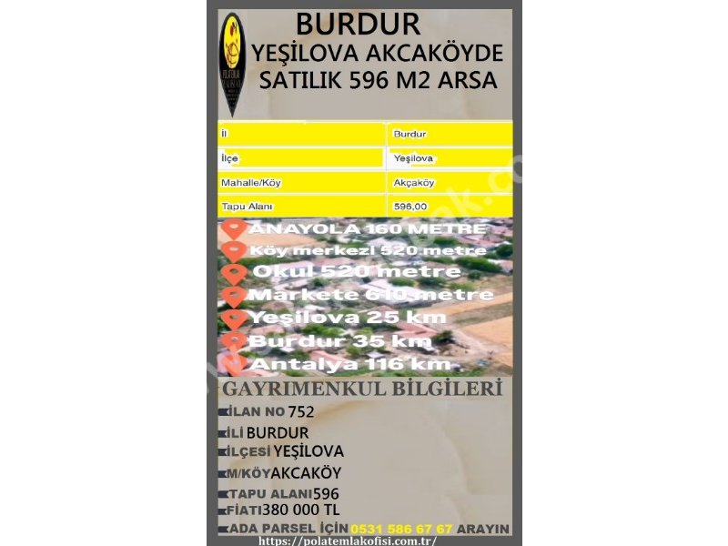 BURDUR YEŞİLOVA AKCAKÖYDE SATILIK 596 M2 ARSA