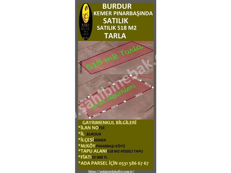 BURDUR KEMER PINARBAŞINDA SATILIK 518 M2 TARLA