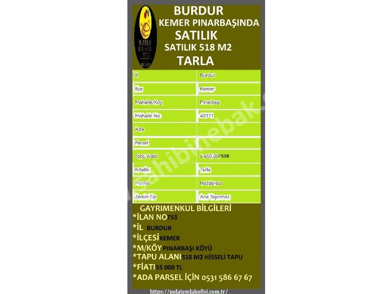 BURDUR KEMER PINARBAŞINDA SATILIK 518 M2 TARLA