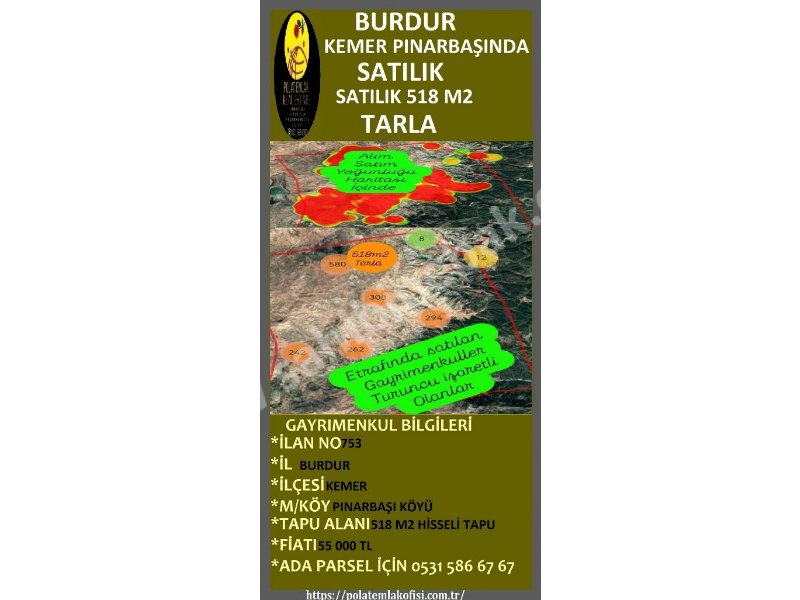 BURDUR KEMER PINARBAŞINDA SATILIK 518 M2 TARLA