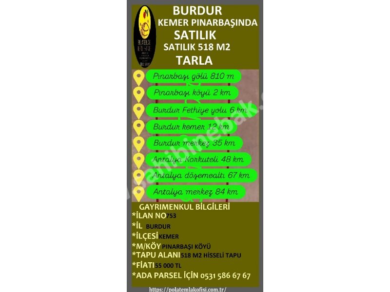 BURDUR KEMER PINARBAŞINDA SATILIK 518 M2 TARLA