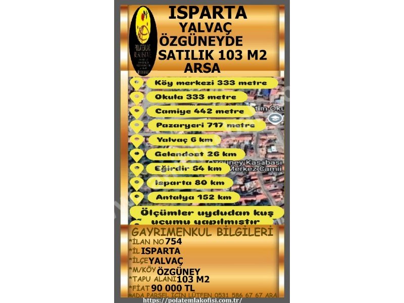 ISPARTA YALVAÇ ÖZGÜNEYDE SATILIK 103 M2 ARSA