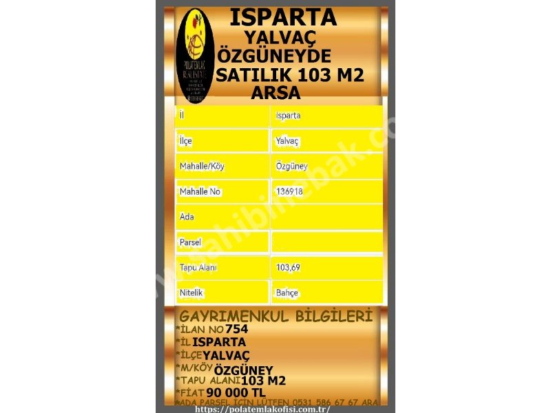 ISPARTA YALVAÇ ÖZGÜNEYDE SATILIK 103 M2 ARSA