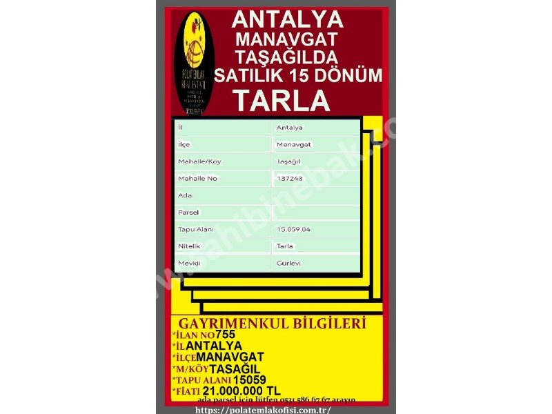 ANTALYA MANAVGAT TAŞAĞILDA SATILIK 15 DÖNÜM TARLA