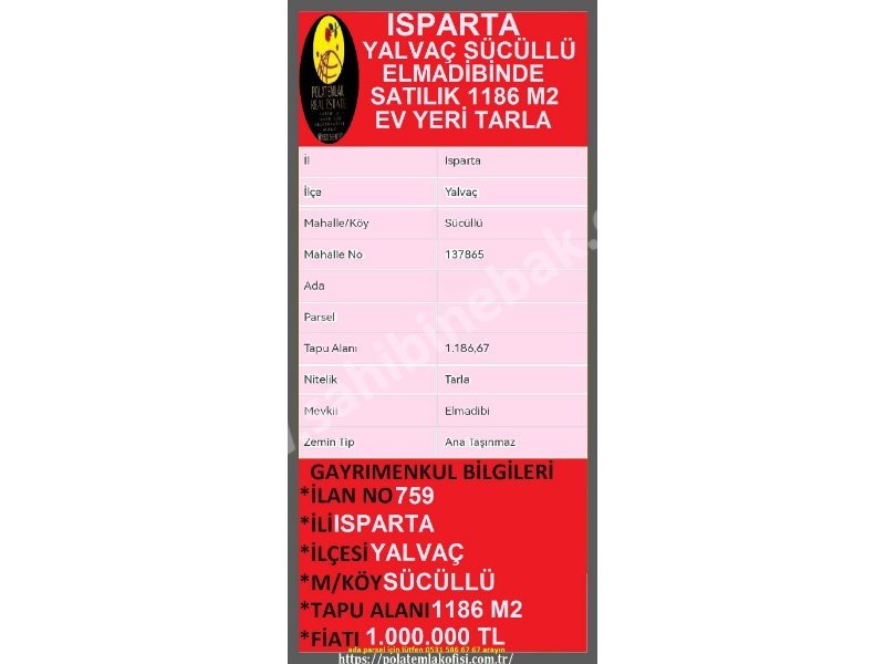 ISPARTA YALVAÇ SÜCÜLLÜ DE SATILIK 1186 M2 EV YERİ TARLA