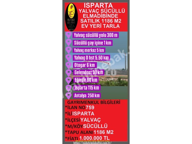 ISPARTA YALVAÇ SÜCÜLLÜ DE SATILIK 1186 M2 EV YERİ TARLA